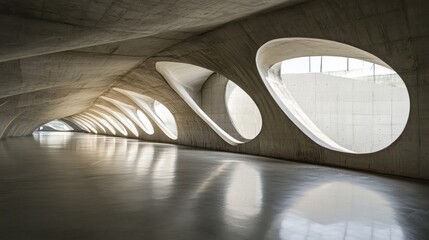 Aufkleber - Interior of a modern architectural space featuring curved concrete and large, oval windows.