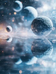 Wall Mural - near meteorite the bottom, the clear surface, is in focus from floor, The background is a beautiful fantasy space with blurred planets, manufacturability and future reflection, studio quality photogra