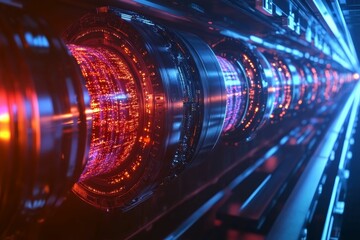 Futuristic glowing cylinders, technological array, vibrant colors.
