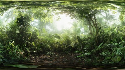 Poster - Lush, misty jungle scene with dense vegetation and soft light filtering through the canopy.