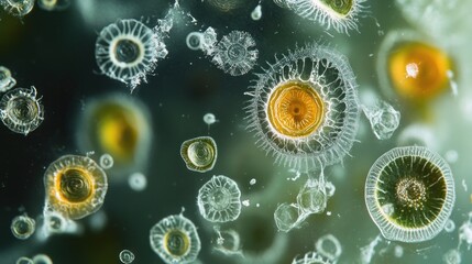 Poster - Microscopic view of microorganisms showcasing diverse shapes and structures in a fluid environment.