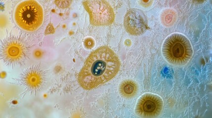 Poster - Microscopic view of various microorganisms displaying diverse shapes and colors.