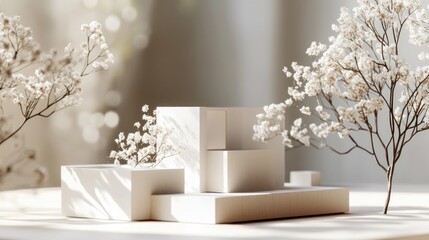 Poster - Minimalist composition featuring white geometric shapes and delicate flowers.