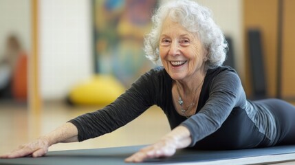 Wall Mural - happy senior woman doing pilates exercise