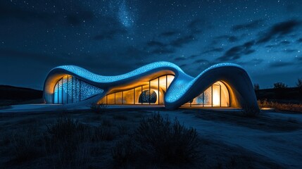 Aufkleber - Modern architectural structure with flowing design illuminated at night under a starry sky.