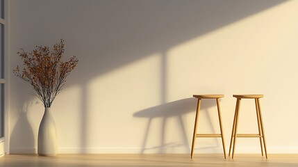 Wall Mural - Minimalist interior with two wooden stools, vase, and sunlight.