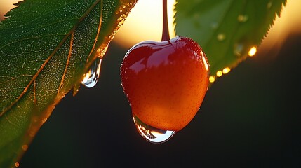 Wall Mural - Dew-kissed cherry at sunset.