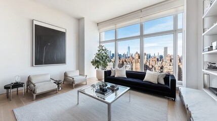 Poster - Modern living room with city skyline view, featuring minimalist furniture and decor.