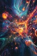 © jambulart - Abstract cosmic scene; vibrant colors, swirling nebulae, glowing orbs.