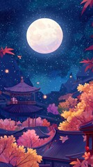Wall Mural - Mid-Autumn Festival,moon, no moon cake, festive atmosphere, flat illustration, 