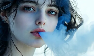 Wall Mural - A close-up portrait of a young woman exhaling smoke artistically.