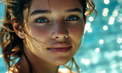 Wall Mural - A close-up portrait of a woman with sparkling water reflections.