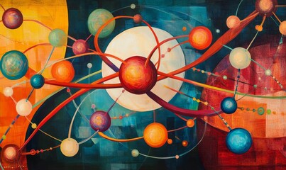 Abstract painting; colorful spheres, interconnected lines.