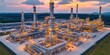 © Junior - A futuristic oil refinery at sunset, surrounded by massive steel pipelines and towering chimneys emitting controlled steam, while maintenance teams in fire-resistant suits inspect critical gauges.