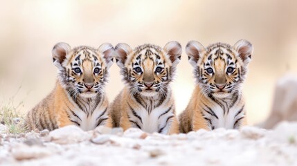 Wall Mural - Three adorable tiger cubs sitting together.