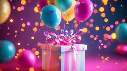 Bright festive 3d surprise box with colorful balloons popping upwards surrounded by glowing ribbons and celebration details