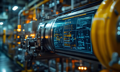 Canvas Print - Close-up of industrial machinery with digital interface displaying technical schematics.