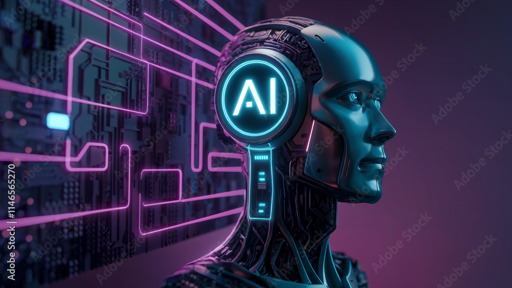 A futuristic robot with a glowing AI indicator on its head is set ...