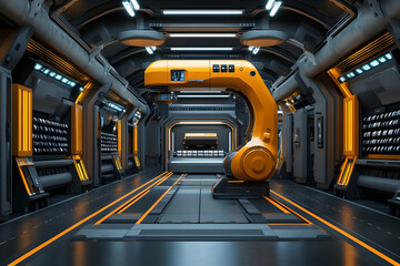 Canvas Print - A futuristic robotic arm in a sleek industrial corridor, designed for automation tasks.