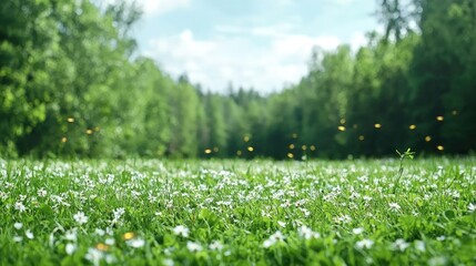 Canvas Print - Firefly lights illuminate a field of white wildflowers at dusk.