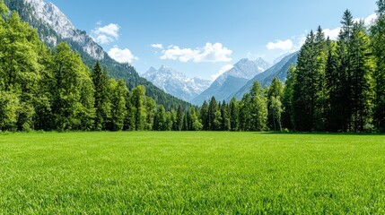 Wall Mural - Lush green meadow with majestic mountains and forest.