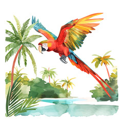 Poster - A watercolor of a tropical parrot flying over a lagoon, isolated on a white background. Tropical parrot lagoon vector.
