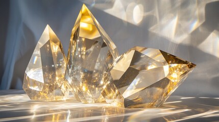 Poster - Three large, faceted crystals reflecting light in a bright setting.