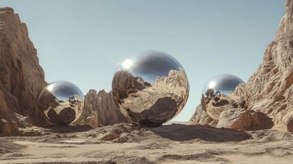 Poster - Three reflective spheres in a rocky desert landscape under a clear sky.
