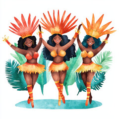 Wall Mural - Vibrant samba dancers in colorful costumes with tropical leaves, isolated design on white background
