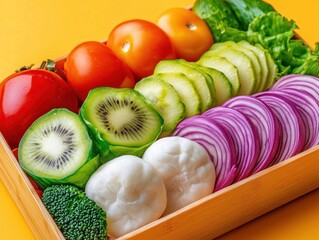 Wall Mural - Discover a vibrant bento box filled with healthy Japanese vegetables, showcasing the art of vegetarian cuisine This fresh bento features colorful tomatoes, crisp cucumbers, tangy kiwi slices, red