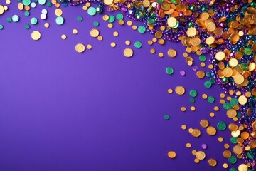 Vibrant Mardi Gras Beads and Coins on Purple Background