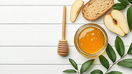 Wall Mural - Honey, apple slices, bread, and honey dipper on white wood.