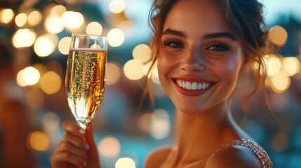 Wall Mural - cheerful woman in evening dress holding glass with champagne and celebrating an event