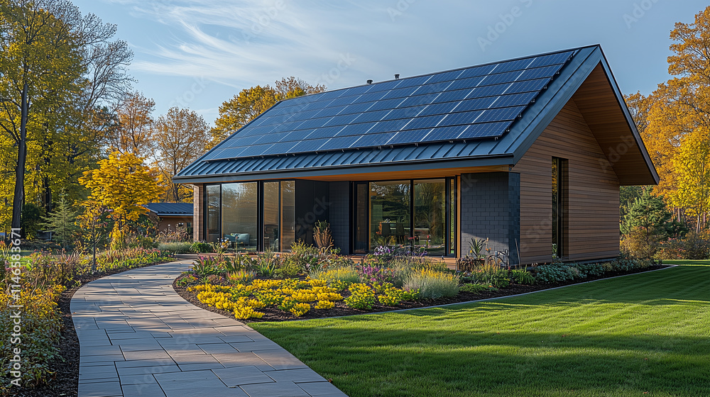 Modern suburban house with solar panels on the gable roof, side view ...