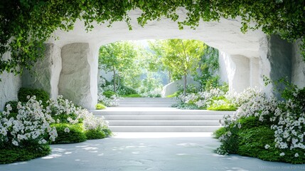 Sticker - Stone archway leads to a serene garden with white flowers and green trees.