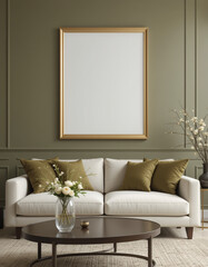 Create an empty frame poster mockup in various living room settings, featuring different wall colors like deep blues, warm neutrals, or vibrant hues, with diverse frame styles such as sleek black.