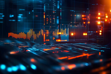 Wall Mural - dark-themed futuristic financial data analysis image with glowing line graphs and charts, blurred ba