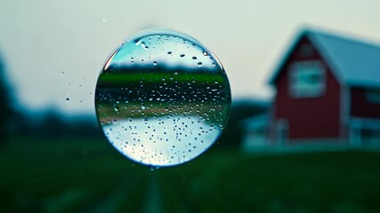 Aufkleber - Unique bubble reflection showcases red barn and landscape at dusk with misty atmosphere