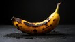 © ArtPro - A photorealistic image of a platano macho with blackened, blistered peel, resting on a dark, ashy surface, caramelized fruit peeking through cracks, highlighted by dramatic lighting.