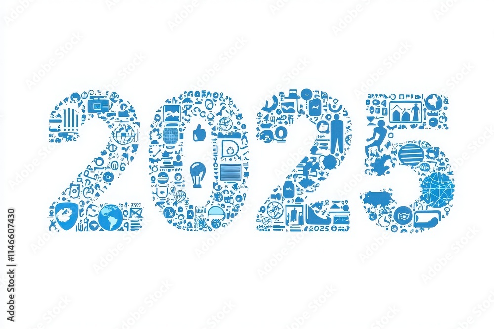 A vibrant design showcases the year 2025 made up of numerous icons and symbols, representing technology, environment, and innovation. The arrangement is colorful and visually engaging.