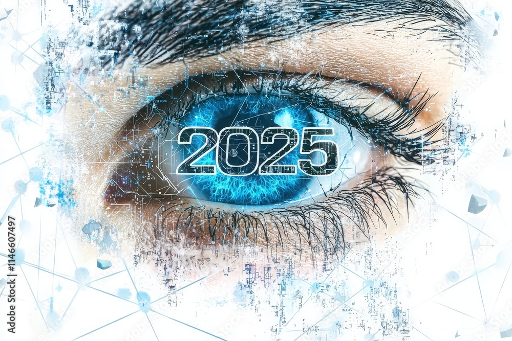 This artwork depicts a close-up of an eye with vibrant blue details, symbolizing a futuristic vision for the year 2025, integrated with digital patterns and a technological feel.