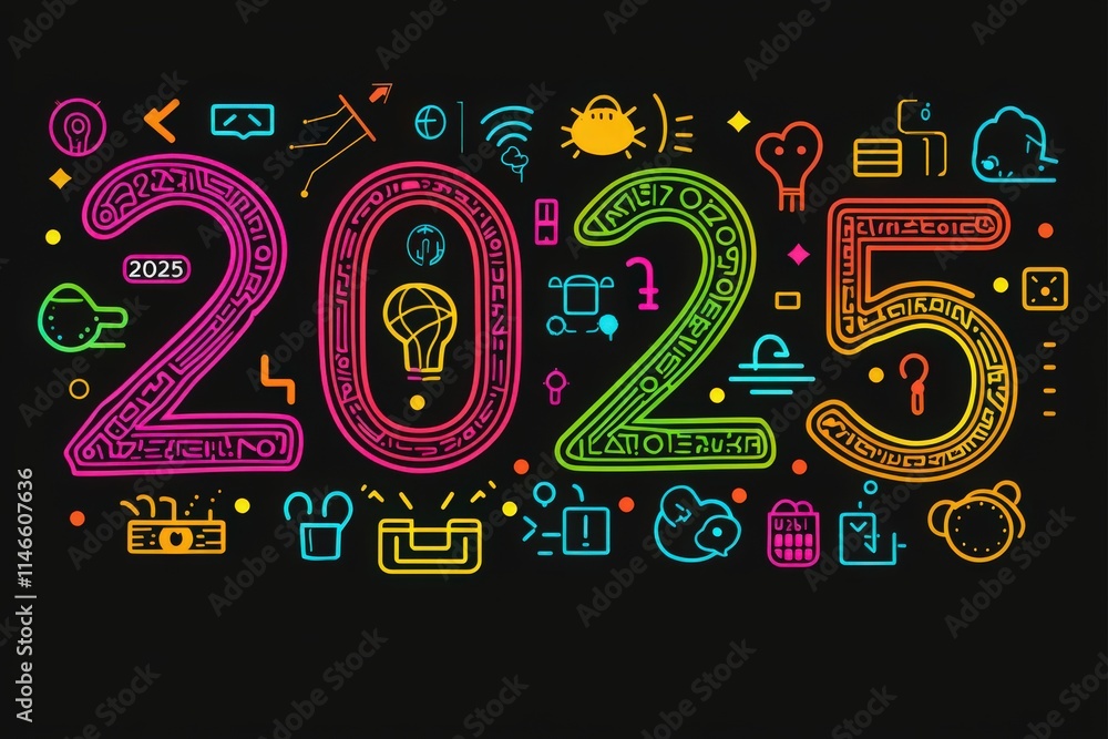 This vibrant design showcases the year 2025 with bold numbers surrounded by various colorful icons representing technology, ideas, and innovation, creating a dynamic visual experience.