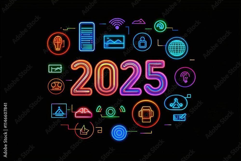 A vibrant display showcases neon icons symbolizing various technological advancements anticipated for 2025. The composition features elements like AI, data security, and connectivity.