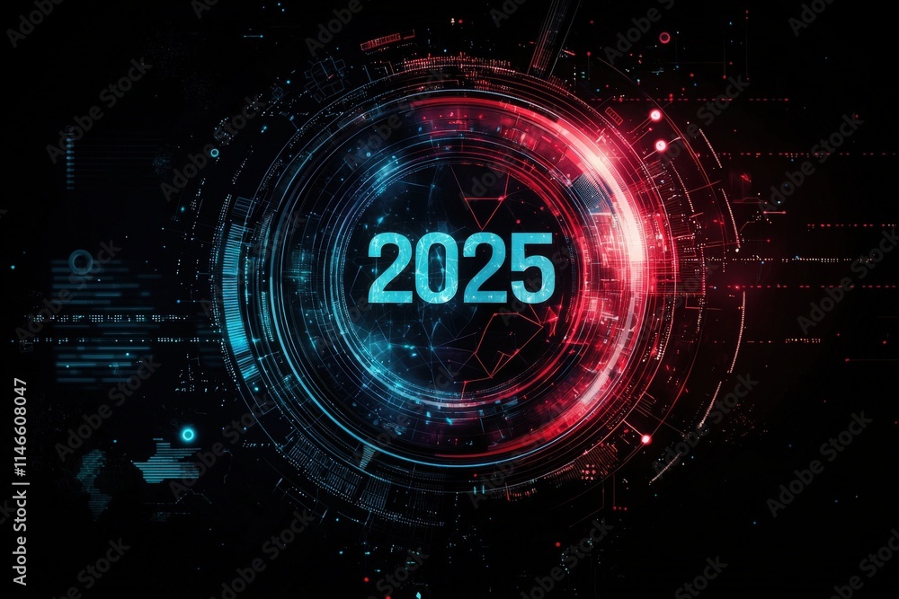A captivating digital representation showcases the year 2025 surrounded by vibrant blue and red circular patterns, emphasizing a futuristic technological theme and innovation in design.