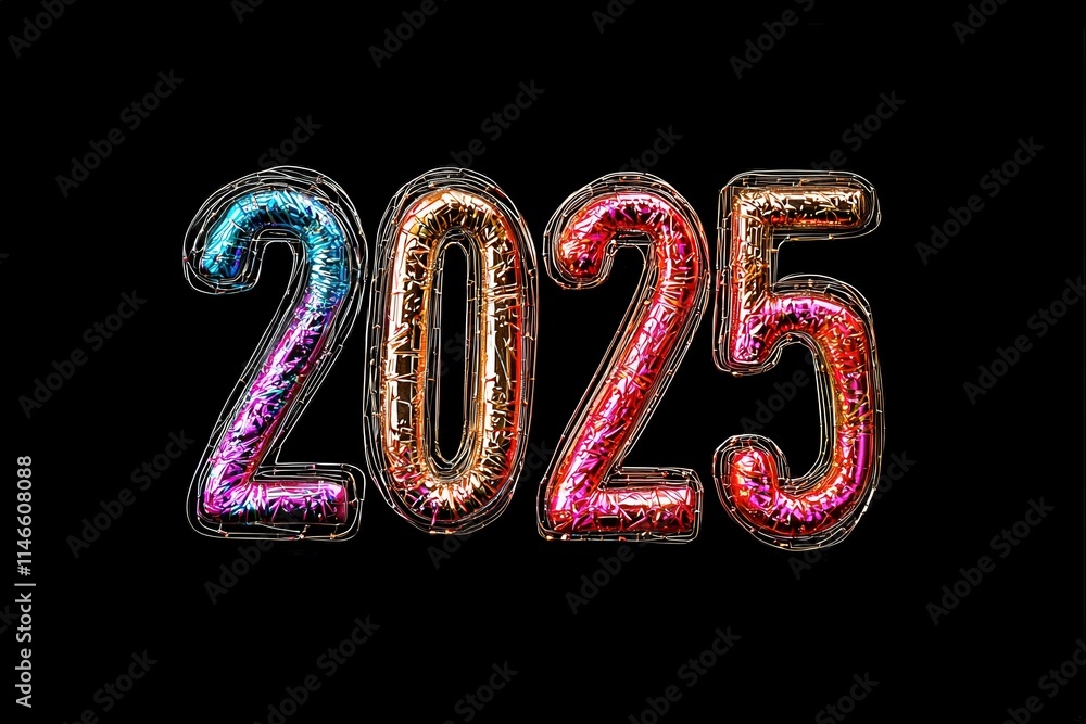 Bright and shiny numbers represent the year 2025 in vibrant colors against a black backdrop. The festive design evokes a sense of excitement for the upcoming year.
