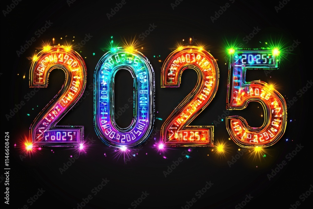 Bright and vibrant numbers representing the year 2025 shine against a dark background, showcasing colorful lights and sparkling effects, perfect for festive celebrations and New Year themes.