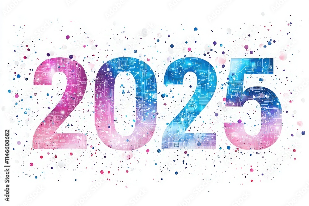 A bold 2025 is showcased with a colorful blend of pink and blue hues. The background features a digital pattern, symbolizing innovation and the promise of the year ahead.