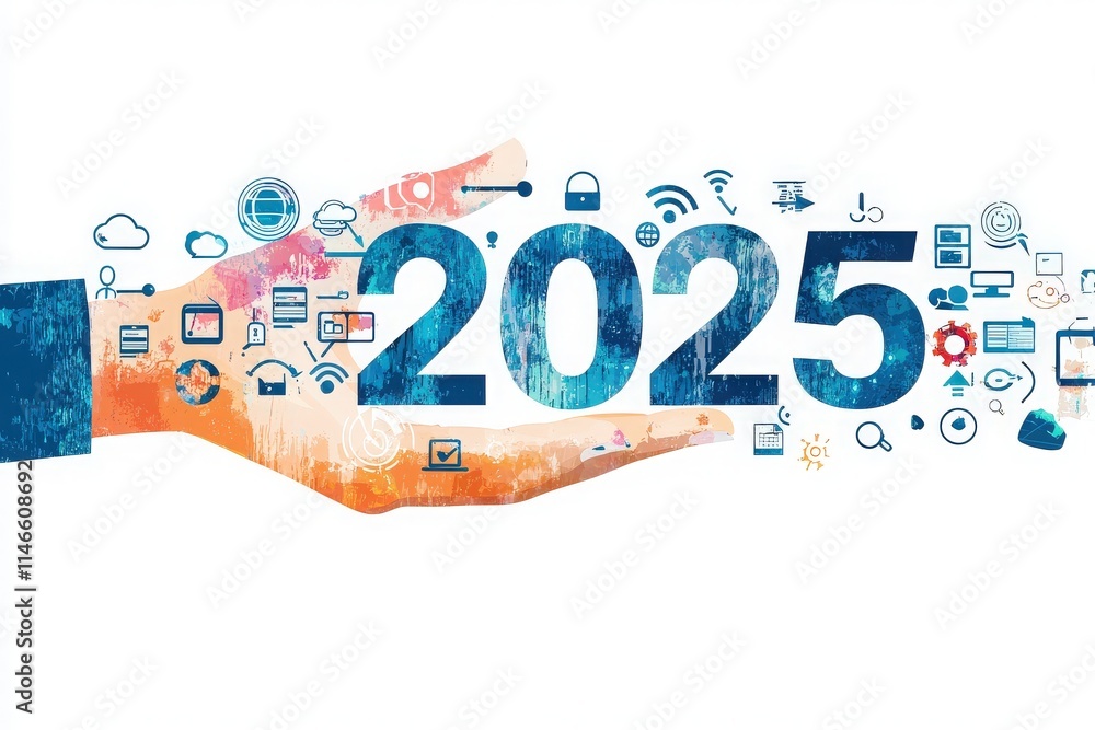 A creative illustration shows a hand holding the year 2025, surrounded by various digital icons representing technology, innovation, and connectivity, highlighting future trends and possibilities.