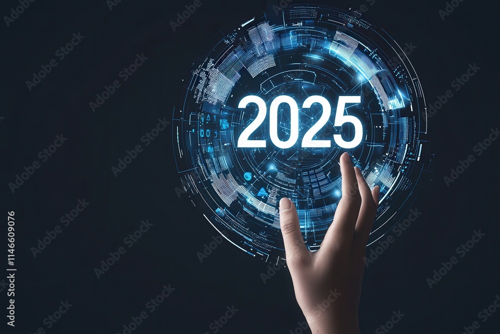 A hand reaches toward a glowing digital interface displaying the year 2025, symbolizing technological innovation and future aspirations. The dark background enhances the futuristic elements.