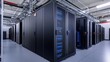 © Yilun - A high-tech data center with rows of black server cabinets, illuminated by blue LED lights and connected to other stations through visible cables. The clean, white room features concrete floors